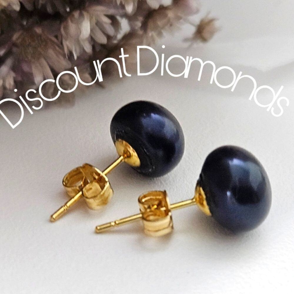 Natural Black South Sea 9 mm Pearl Stud (Post) Earrings on Solid 14K Yellow Gold